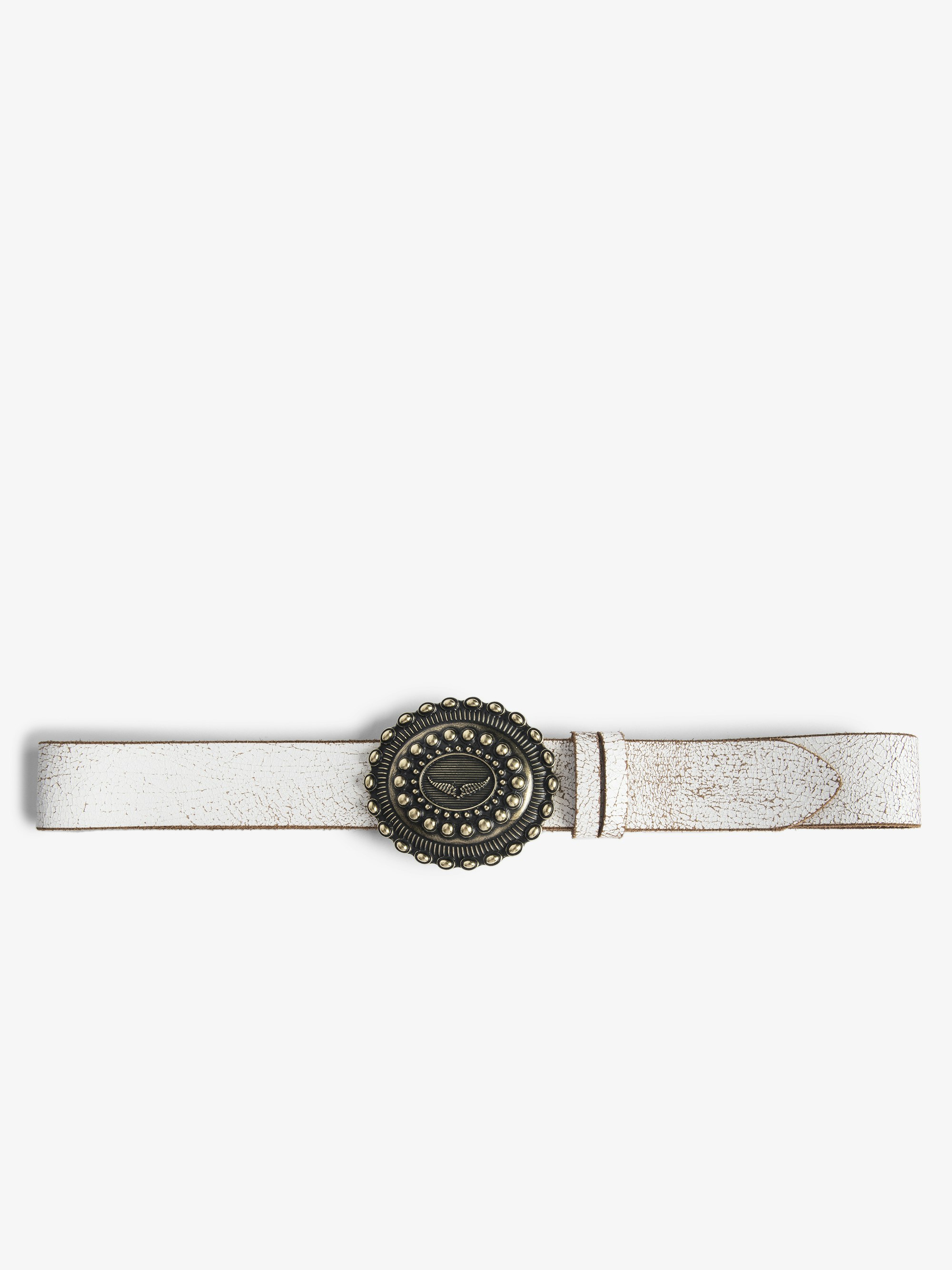 Santa Fe Belt - 40mm wide belt in white crackled-effect leather with wing signature on the western-style buckle.