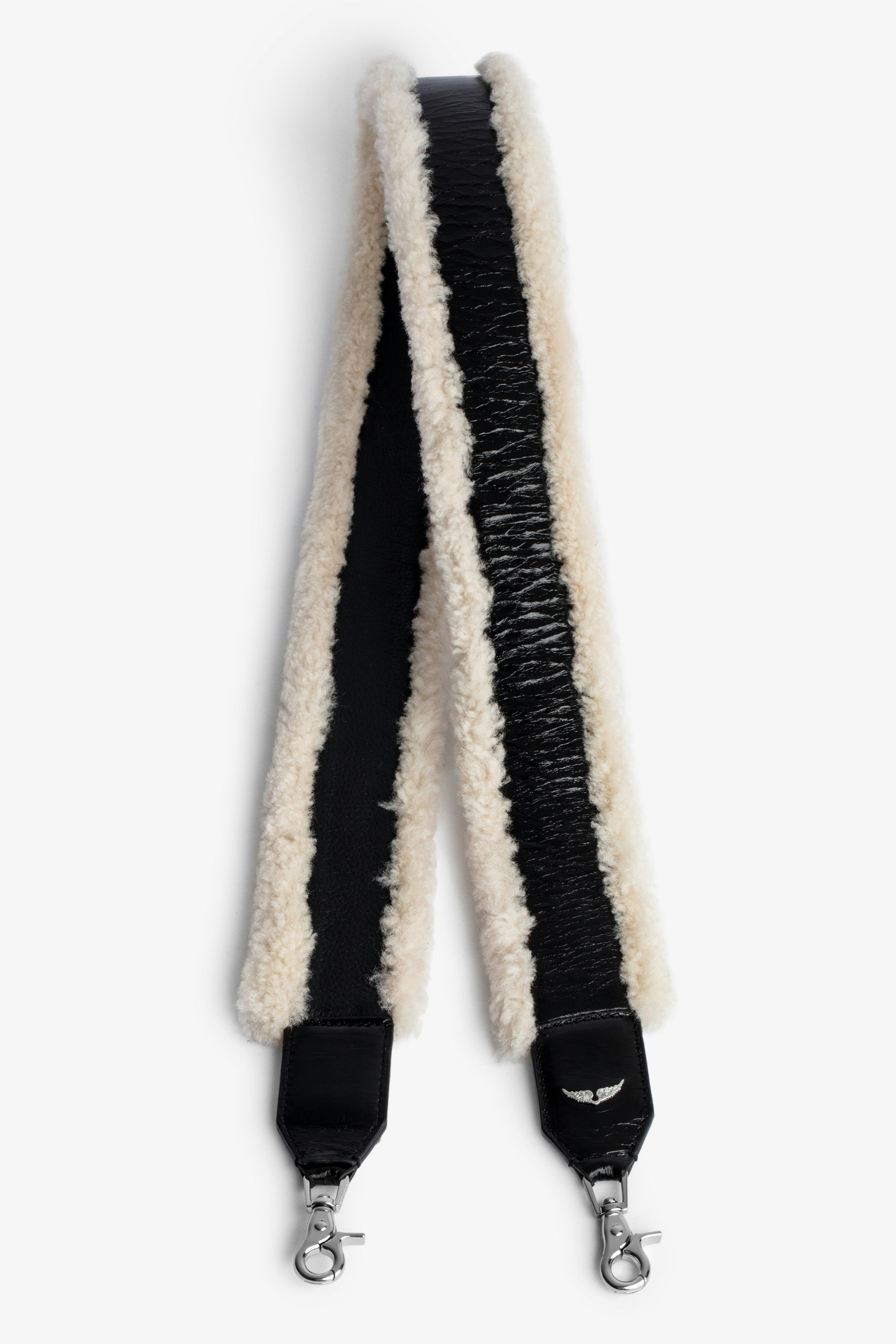 Shearling ストラップ Women’s black vintage leather and shearling shoulder strap with topstitched motifs