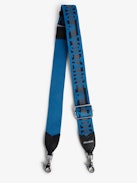 Zadig Shoulder Strap - Navy blue leather and nylon shoulder strap with "Love Is Life" logo and wings motif.