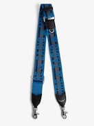 Zadig Shoulder Strap - Navy blue leather and nylon shoulder strap with "Love Is Life" logo and wings motif.