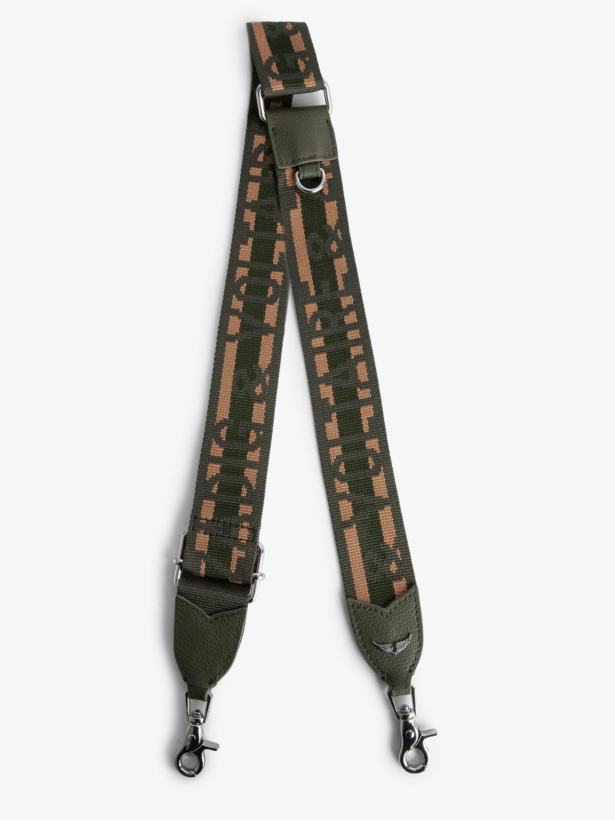 Zadig Shoulder Strap - Khaki leather and nylon shoulder strap with "Zadig & Voltaire" logo and wings motif.