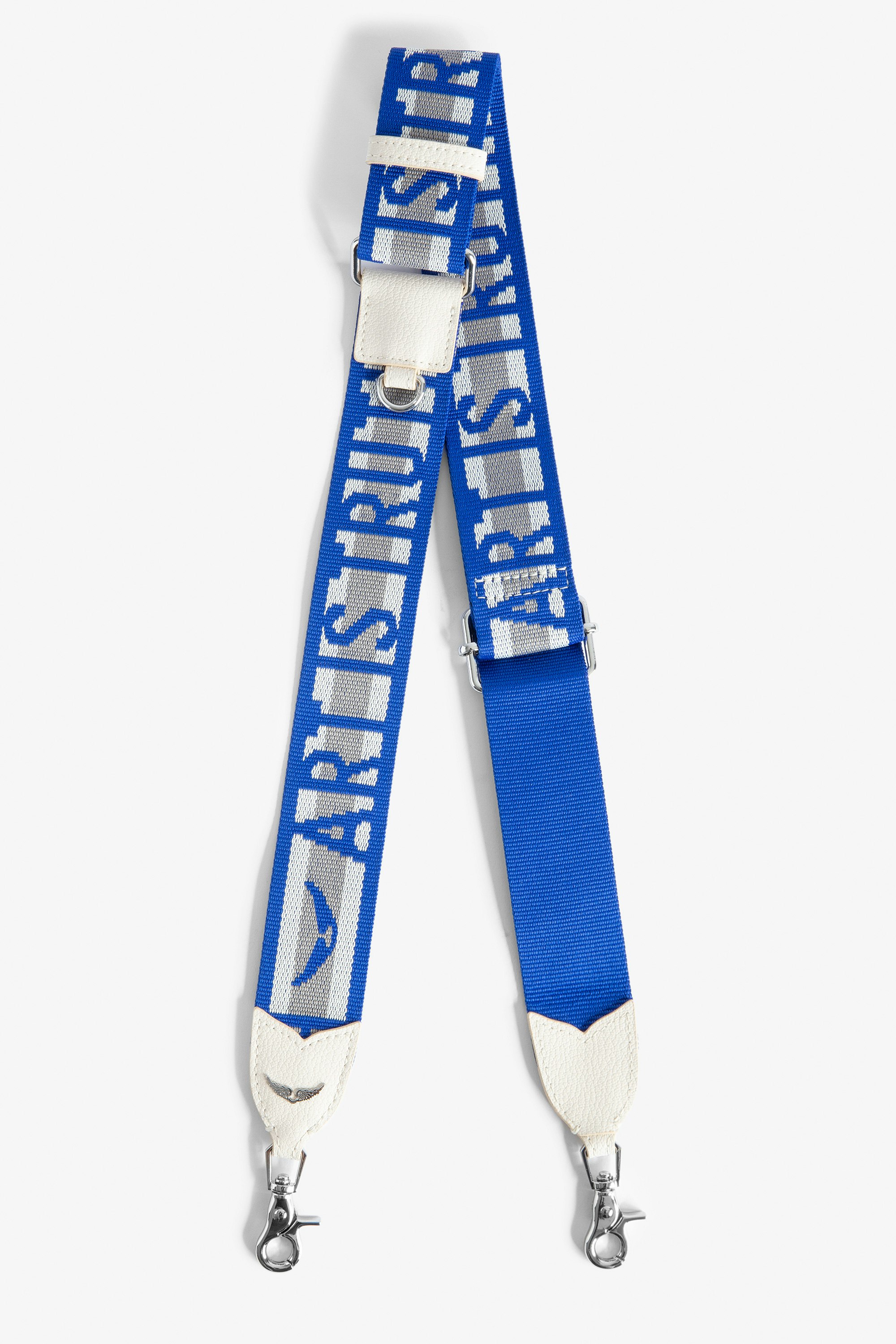 Zadig Shoulder Strap Women’s blue leather and nylon shoulder strap with “Art is Truth” slogan and wings motif.