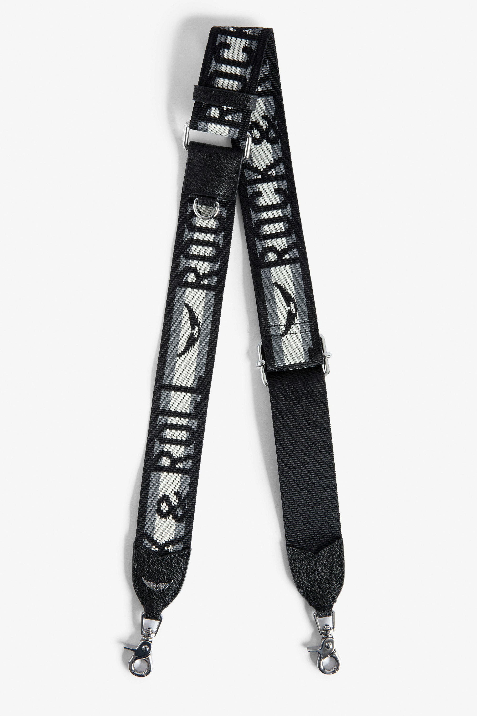 Zadig Shoulder Strap Women’s grey leather and nylon shoulder strap with “Rock & Roll” slogan and wings motif.