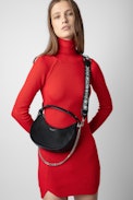 Tracolla Zadig - Tracolla in pelle e nylon grigia con scritta "Rock & Roll" e motivo ali da donna.