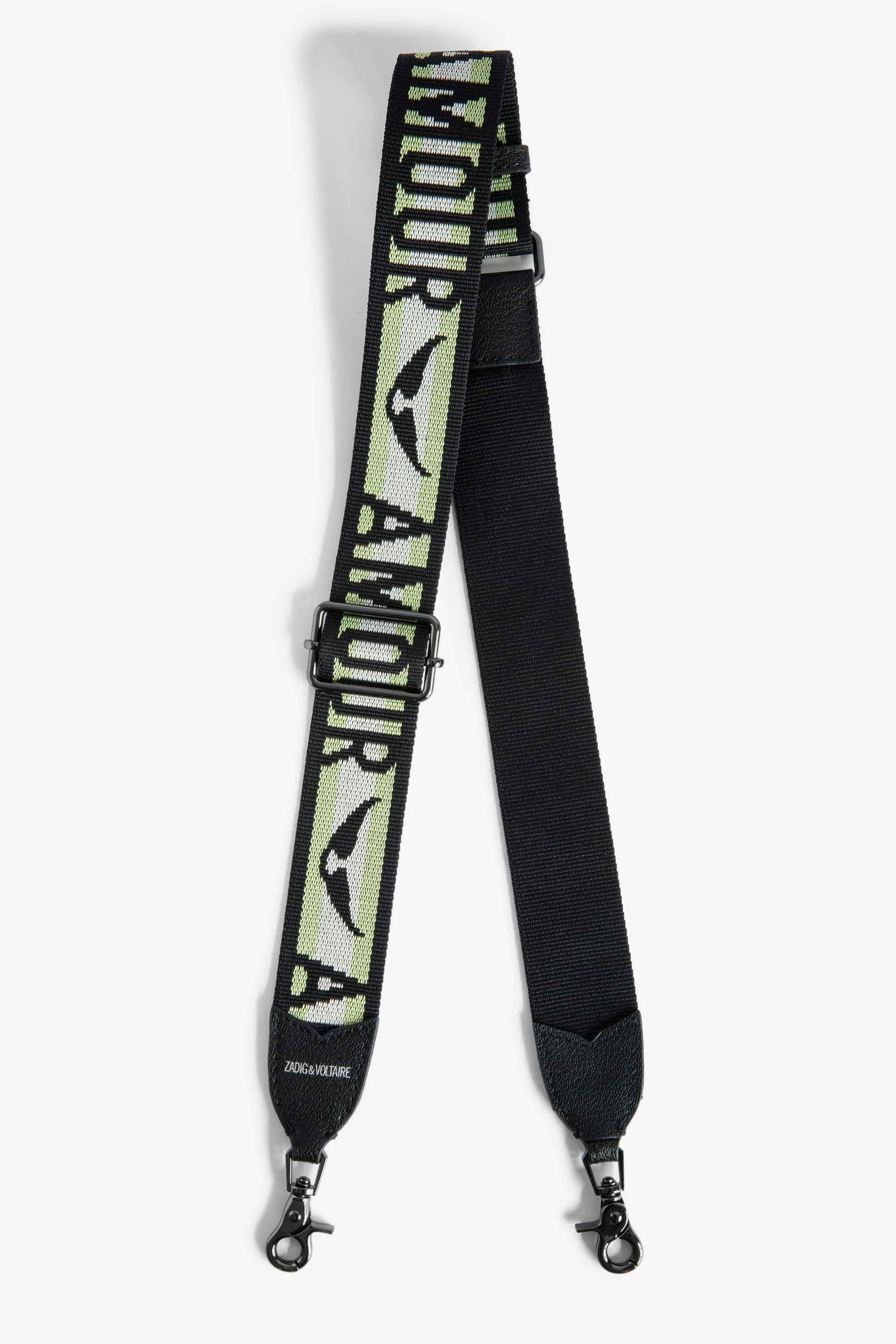 Zadig Shoulder Strap Women’s green leather and nylon shoulder strap with “Amour” slogan and wings motif.