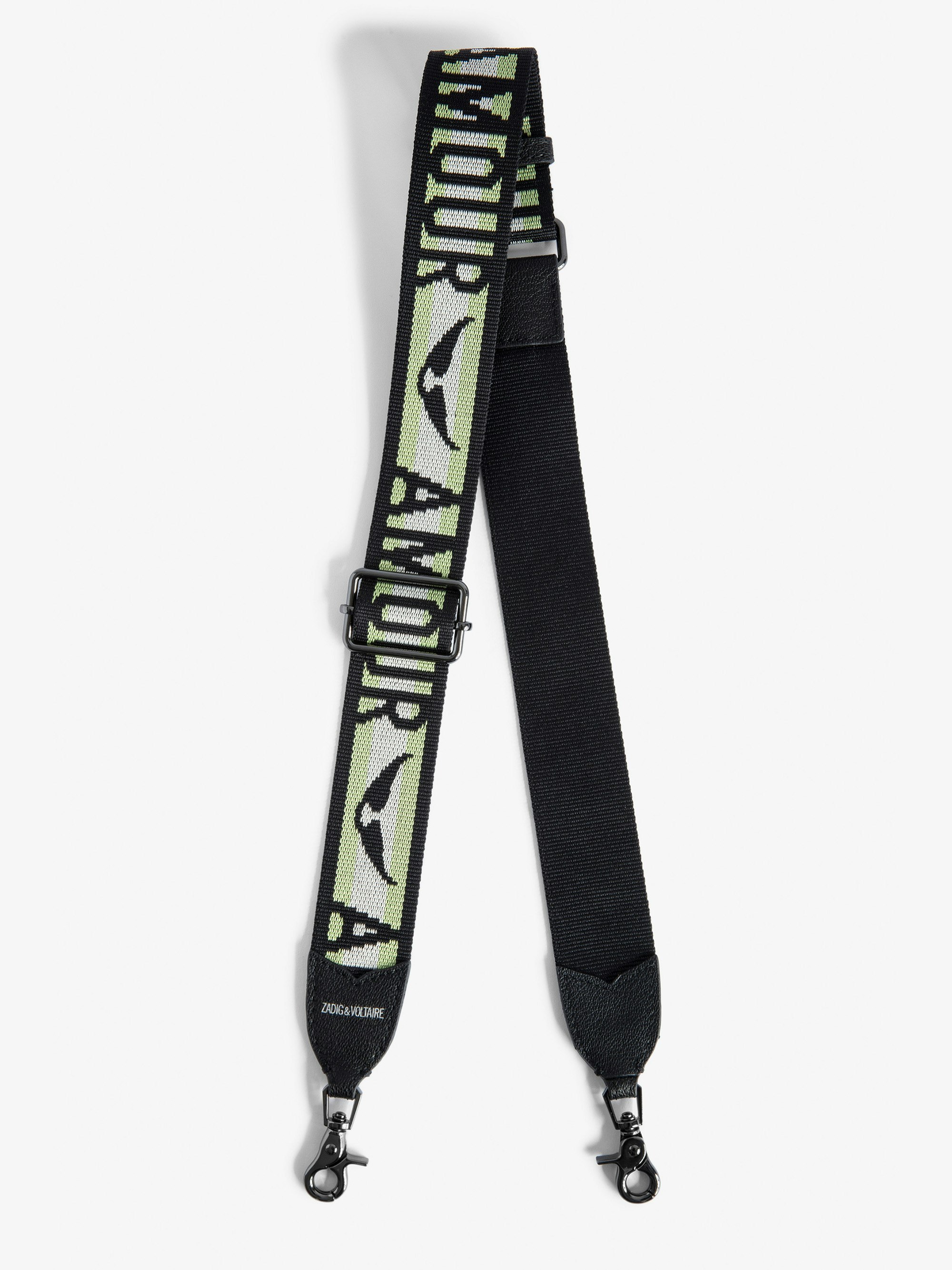 Zadig Shoulder Strap - Women’s green leather and nylon shoulder strap with “Amour” slogan and wings motif.