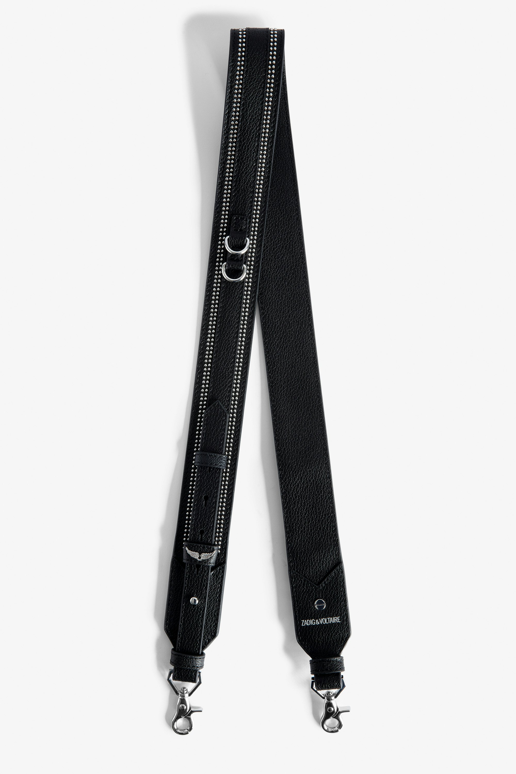 Adjustable Shoulder Strap Women’s adjustable black grained leather shoulder strap with studded trim.
