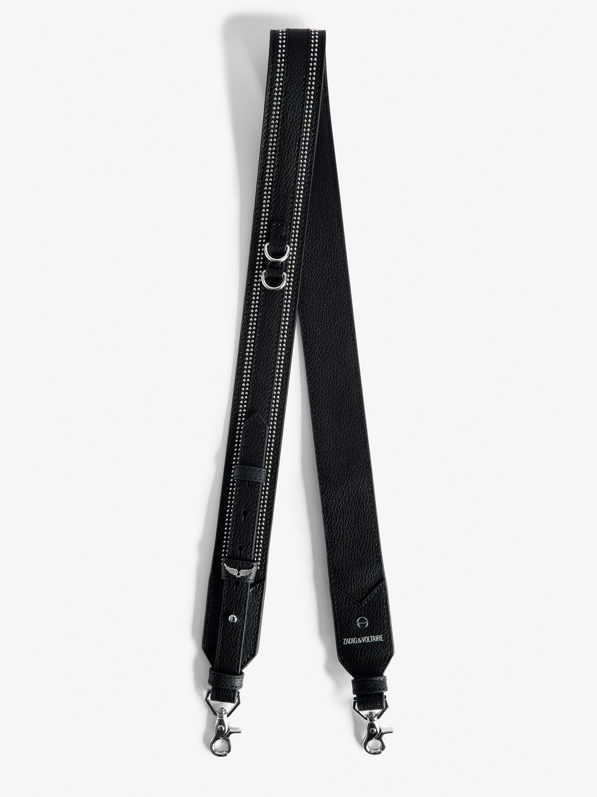 Adjustable Shoulder Strap - Women’s adjustable black grained leather shoulder strap with studded trim.