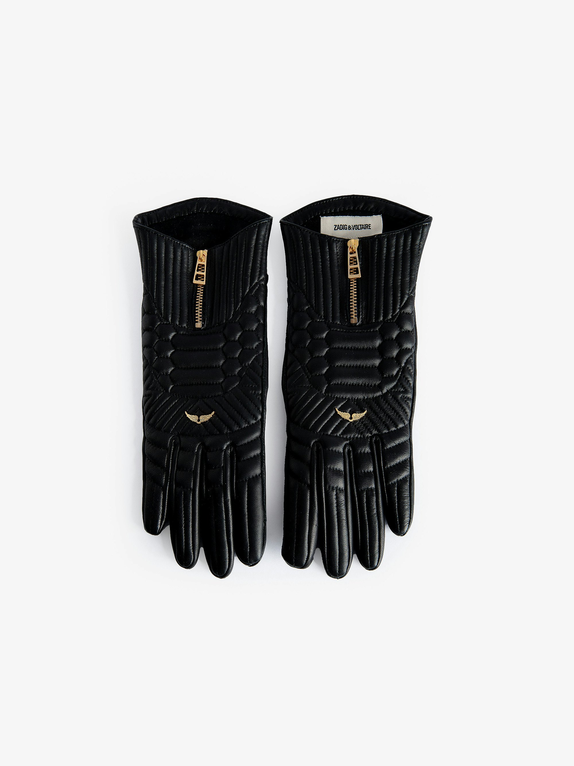 Out of Hands Gloves - Voltaire Vice black smooth and quilted leather gloves with zip fastening and wings charm.