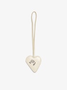 Flash Heart Keyring - Leather heart keychain with stripes and "Kiss My Ass" text on back.