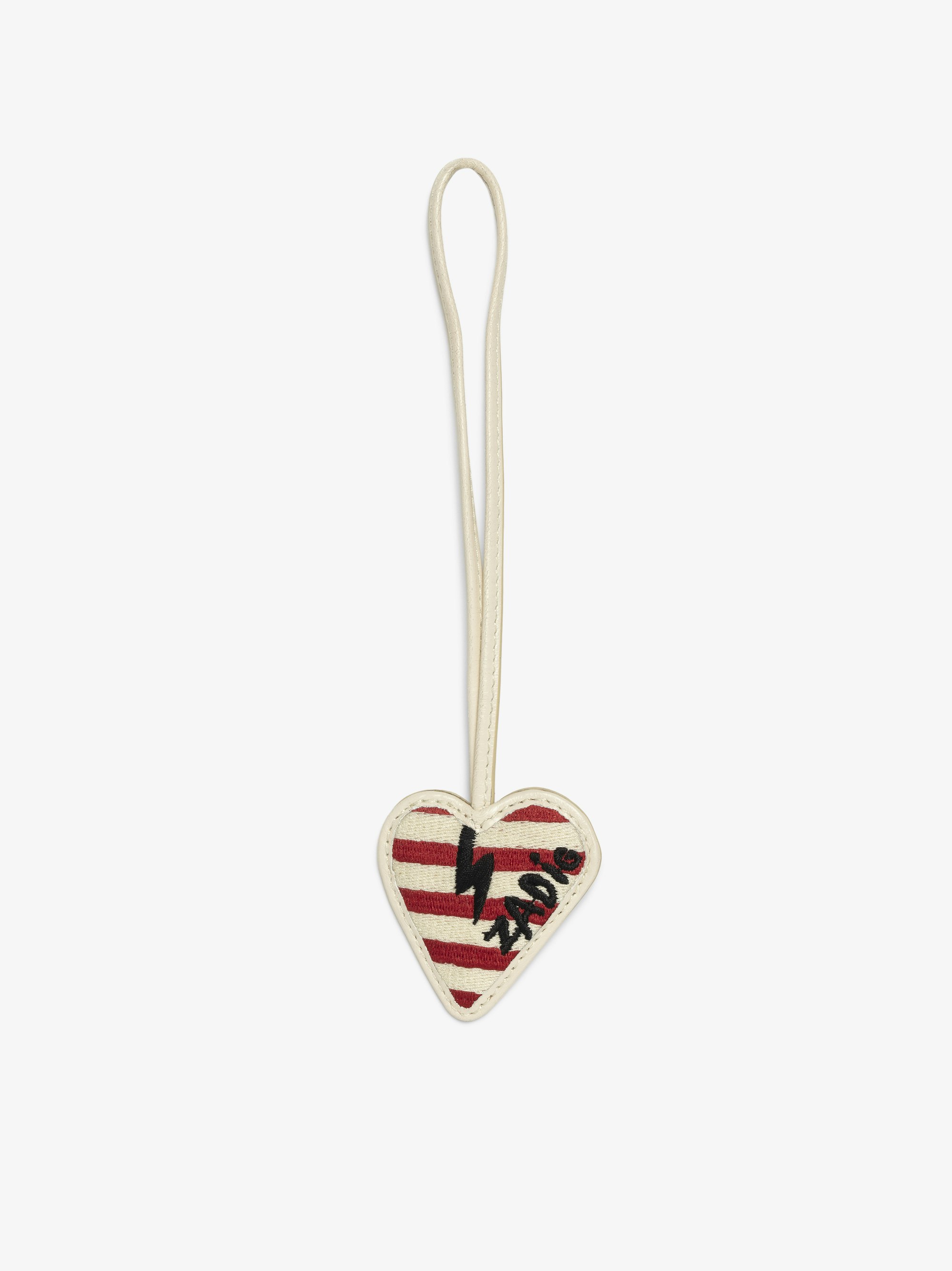 Flash Heart Keyring - Leather heart keychain with stripes and "Kiss My Ass" text on back.