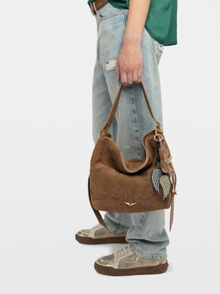 Rock Feather KeyRing - Lucky charm in vintage-inspired patent leather, shaped like wings with embroidery, to be attached to a bag for example.