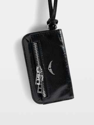 Rock Vintage Patent Keyring - Mini Rock pouch charm in vintage leather with zip pocket, internal pocket and interior mirror.