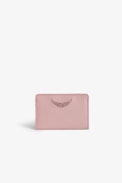 ZV Pass Card Holder - Pink grained leather card holder with diamanté wings charm.