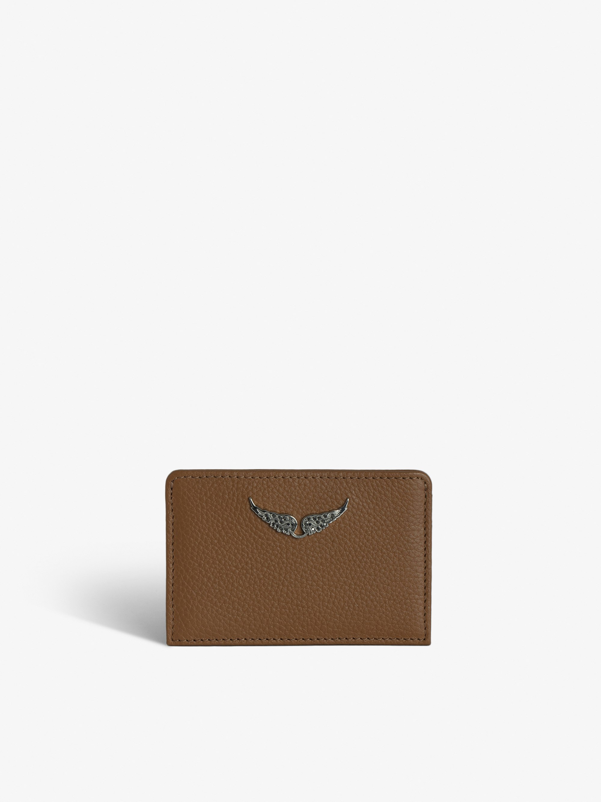 ZV Pass Card Holder - Camel grained leather card holder embellished with a wing signature and "Love Yourself" message.