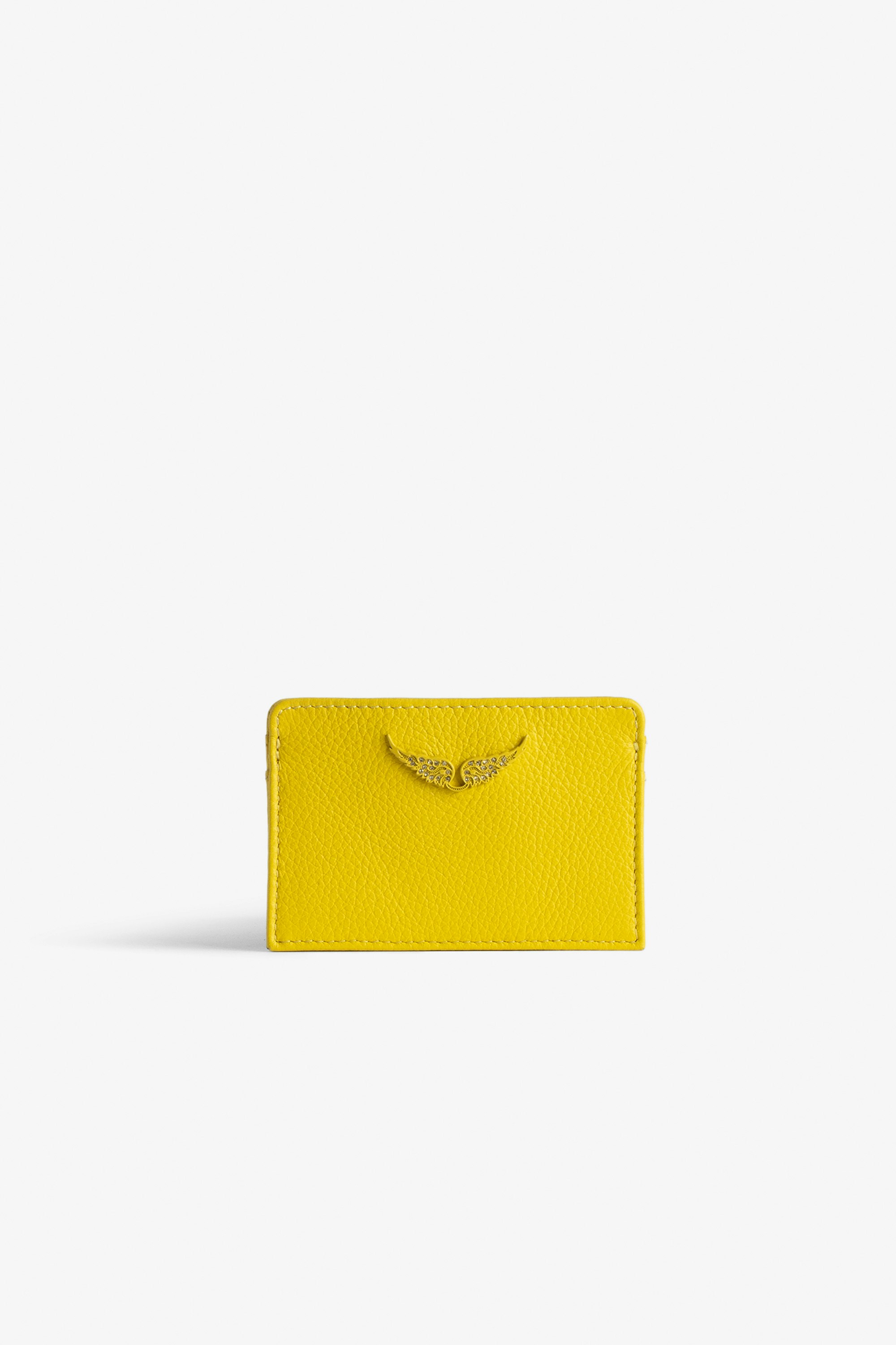 ZV Pass カードホルダー Women’s yellow grained leather card holder with diamanté wings charm.