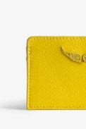 ZV Pass Card Holder - Women’s yellow grained leather card holder with diamanté wings charm.