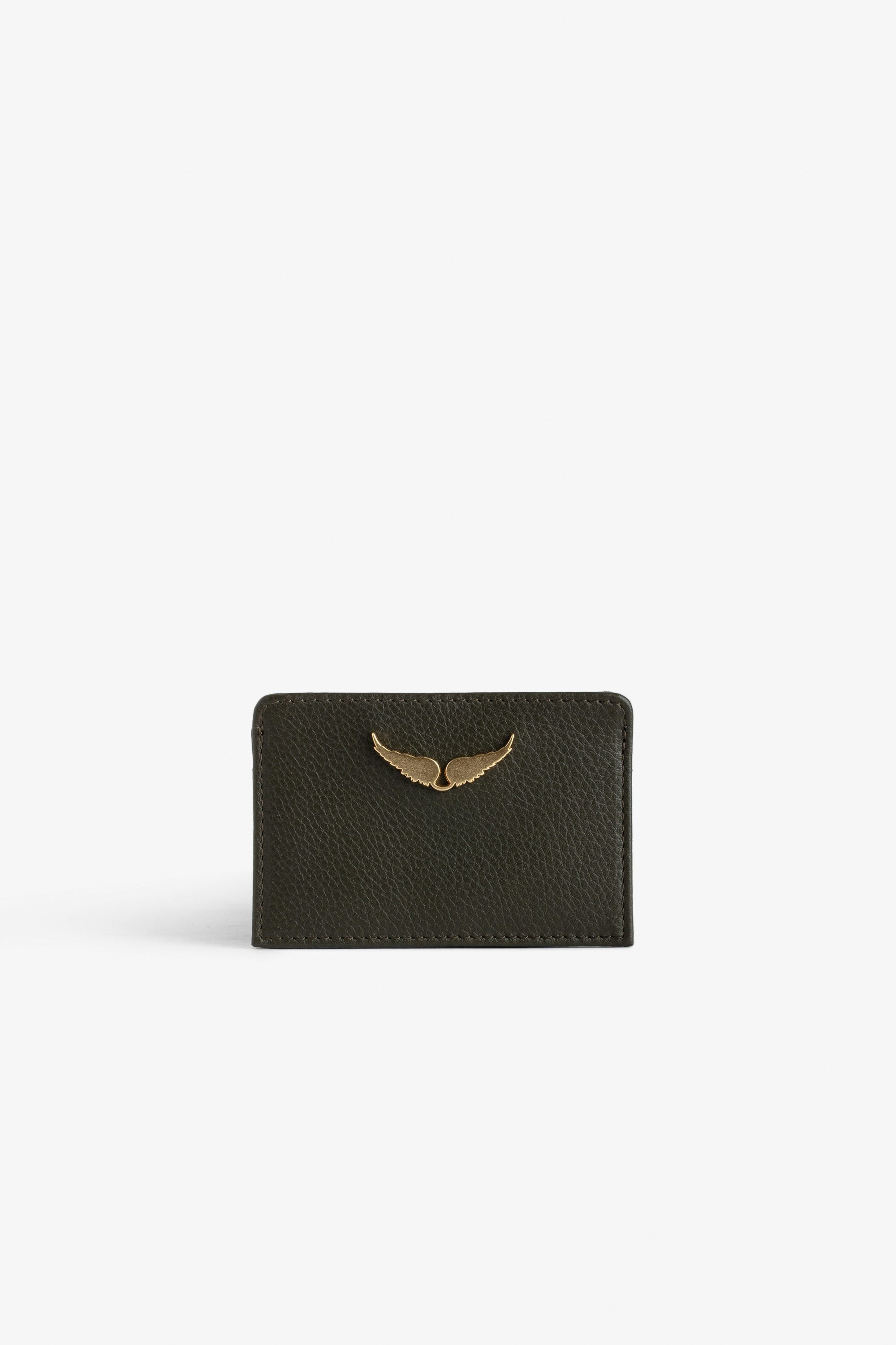 ZV Pass カードホルダー - Women’s khaki grained leather card holder with gold-tone wings charm.