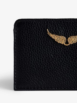 ZV Pass Cardholder - Black and gold-grained women's leather card holder with diamanté wings charm.