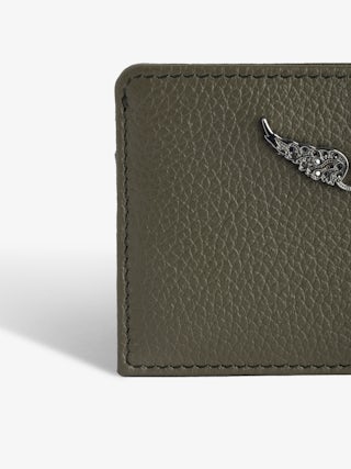 ZV Pass Cardholder - Khaki grained leather cardholder adorned with rhinestone wings.