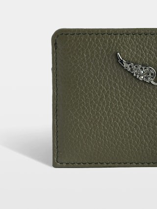 ZV Pass Cardholder - Khaki grained leather cardholder adorned with rhinestone wings.