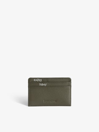 ZV Pass Cardholder - Khaki grained leather cardholder adorned with rhinestone wings.