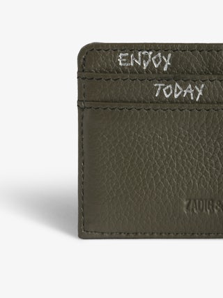 ZV Pass Cardholder - Khaki grained leather cardholder adorned with rhinestone wings.
