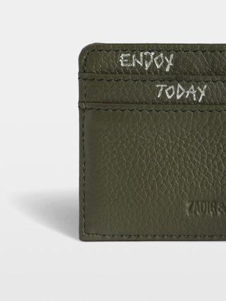 ZV Pass Cardholder - Khaki grained leather cardholder adorned with rhinestone wings.