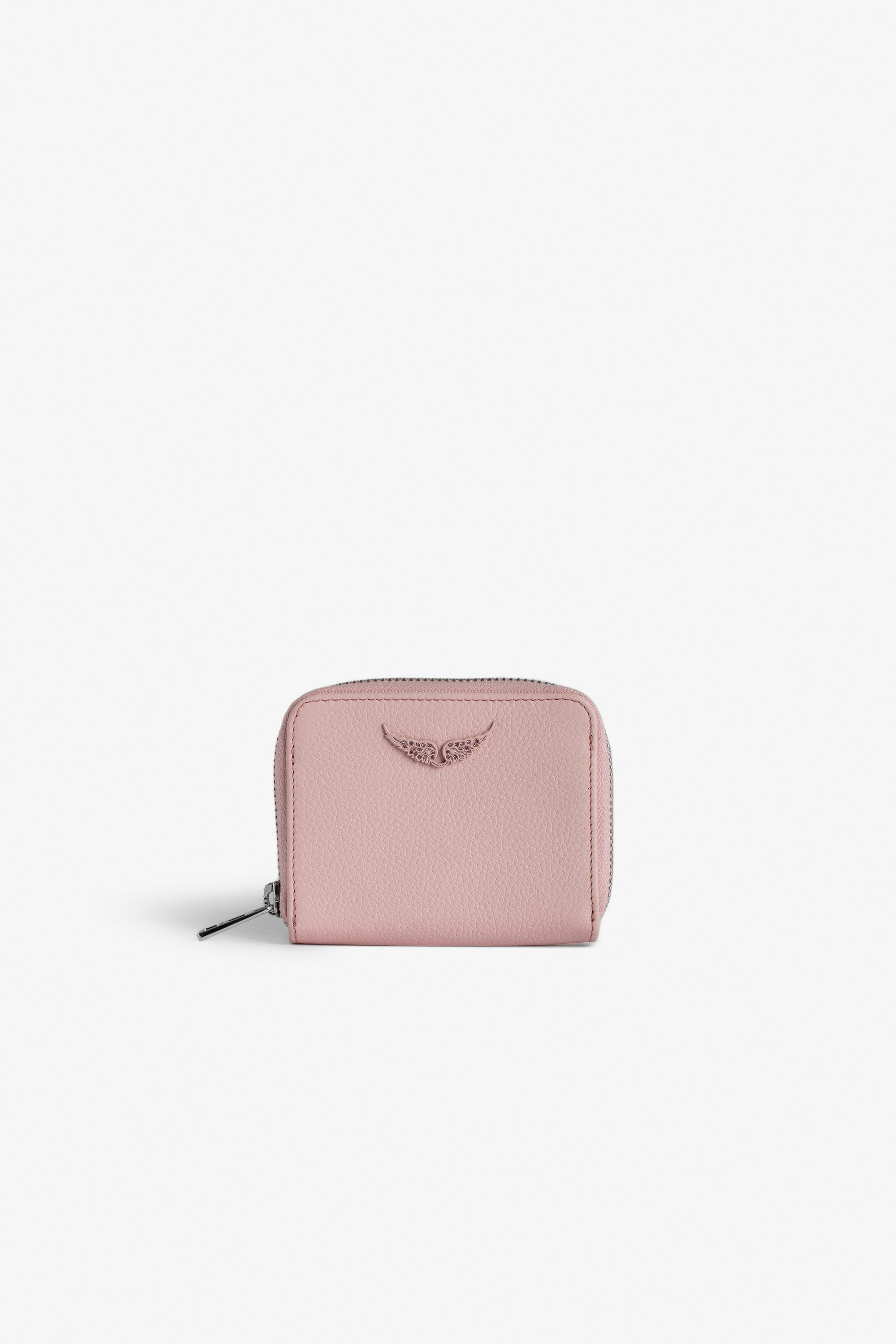 Porte-Monnaie Mini ZV - Portefeuille en cuir grainé rose à charm ailes en strass.