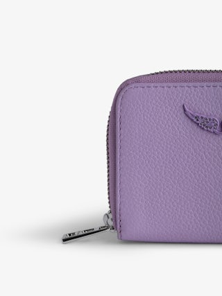 Porte-Monnaie Mini ZV - Porte-monnaie en cuir grainé violet orné d'un charm ailes à strass.