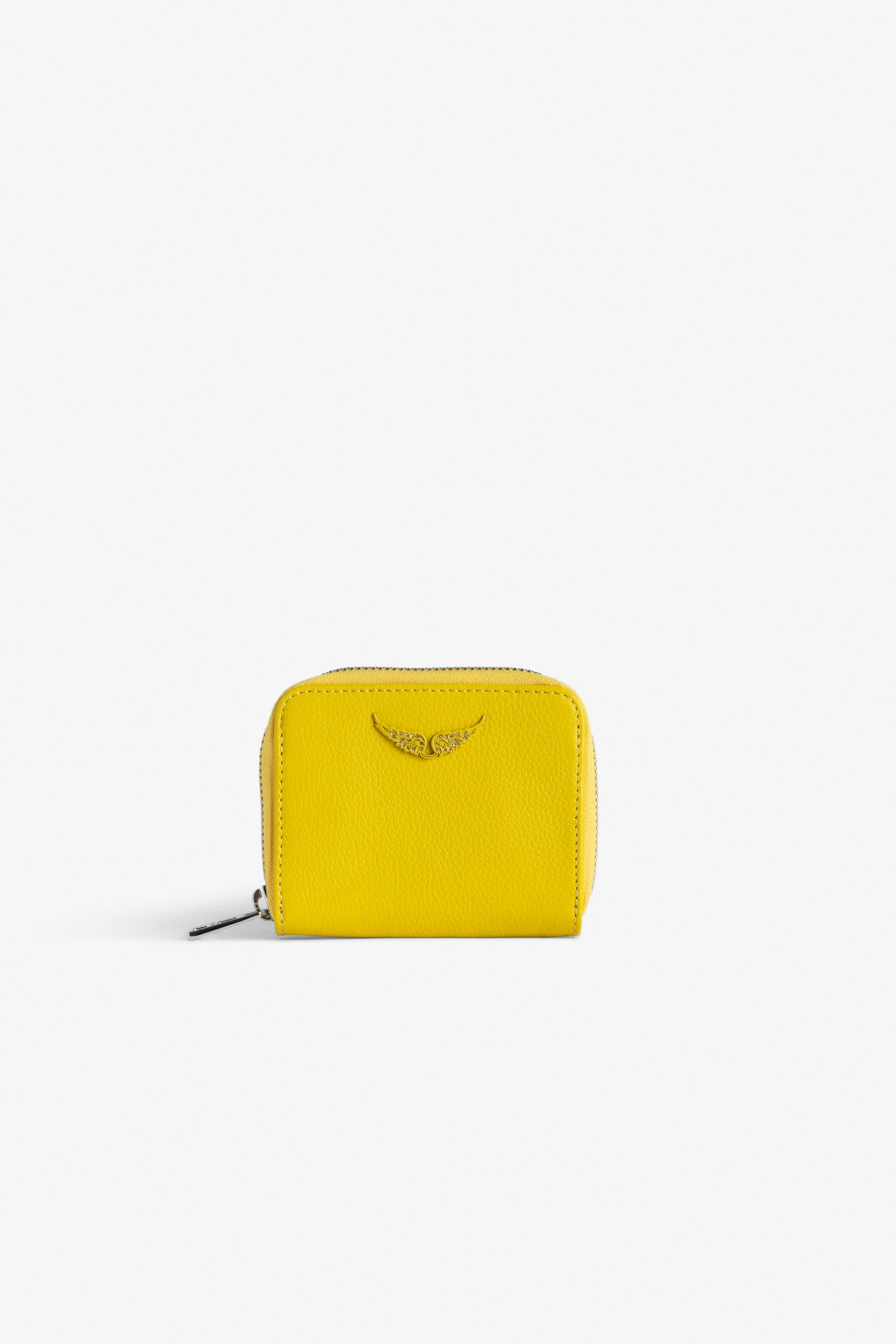 Monedero Mini ZV - Cartera amarilla de piel granulada con colgante de alas con strass para mujer.