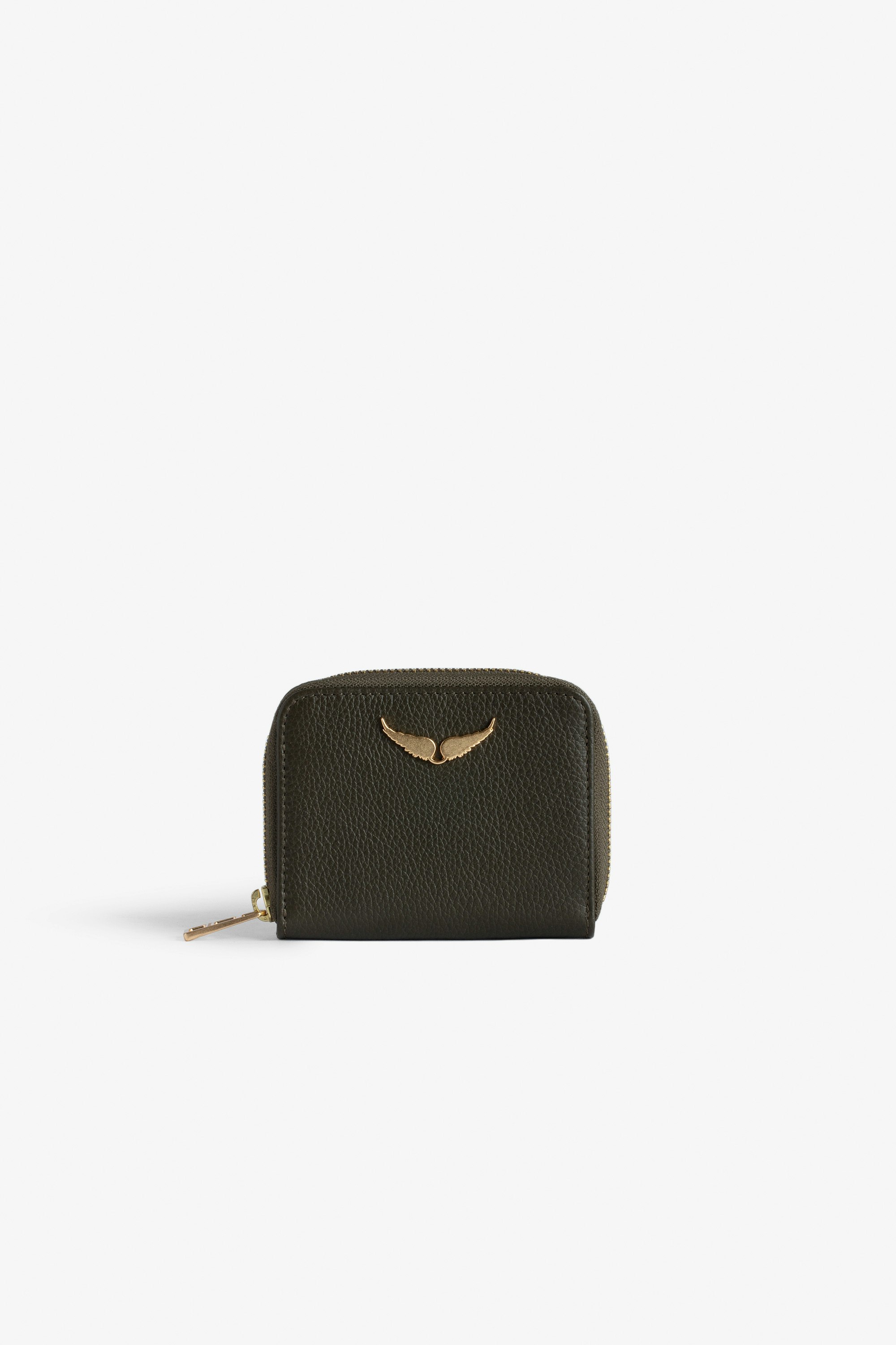 Mini ZV Coin 財布 - Women’s khaki grained leather card holder with gold-tone wings charm.