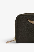 Mini ZV Wallet - Women’s khaki grained leather card holder with gold-tone wings charm.