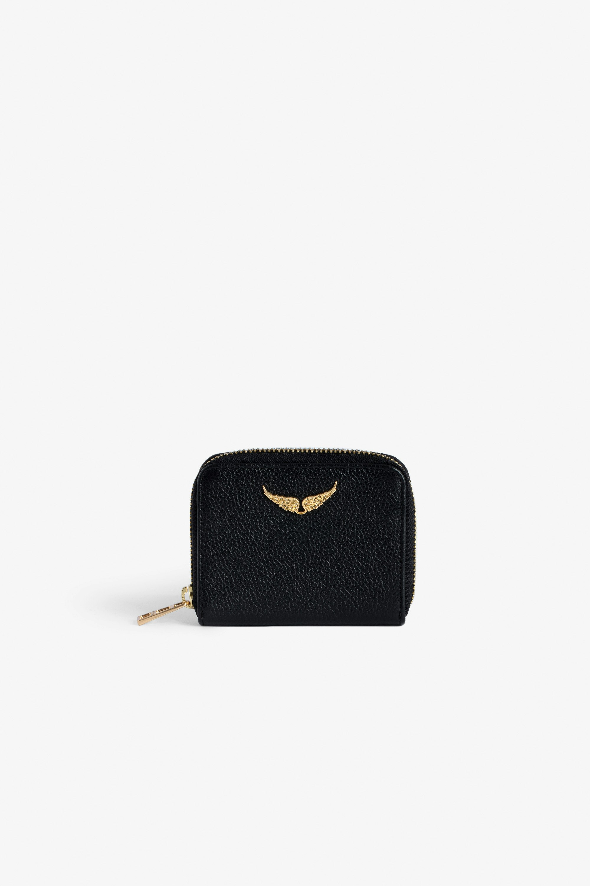 Mini ZV Coin 財布 Women’s black grained leather wallet with gold-tone diamanté wings charm.