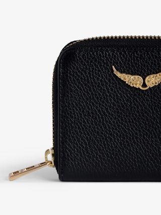 Mini ZV Wallet - Women’s black grained leather wallet with gold-tone diamanté wings charm.