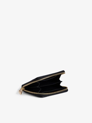 Mini ZV Wallet - Women’s black grained leather wallet with gold-tone diamanté wings charm.