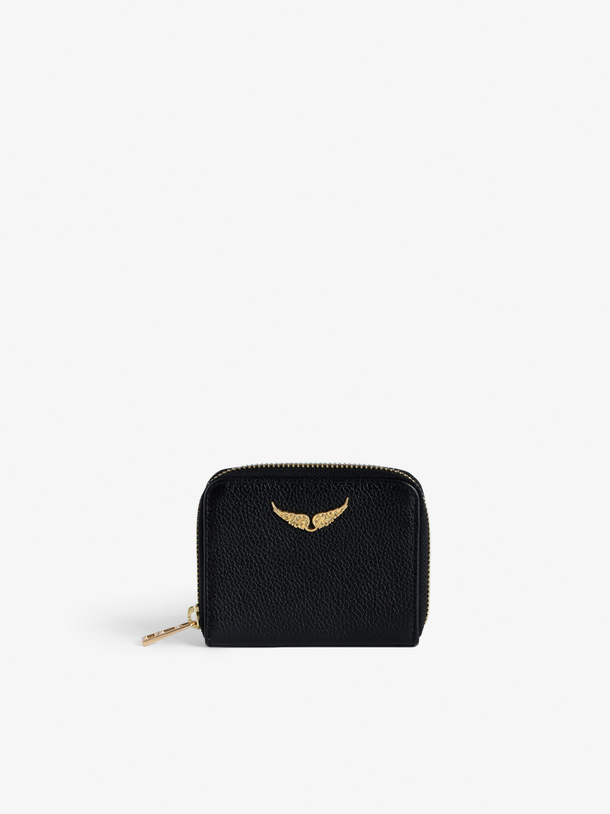 Geldbörse Mini ZV - Schwarze Brieftasche aus genarbtem Leder mit goldenem Flügel-Charm aus Strass für Damen.