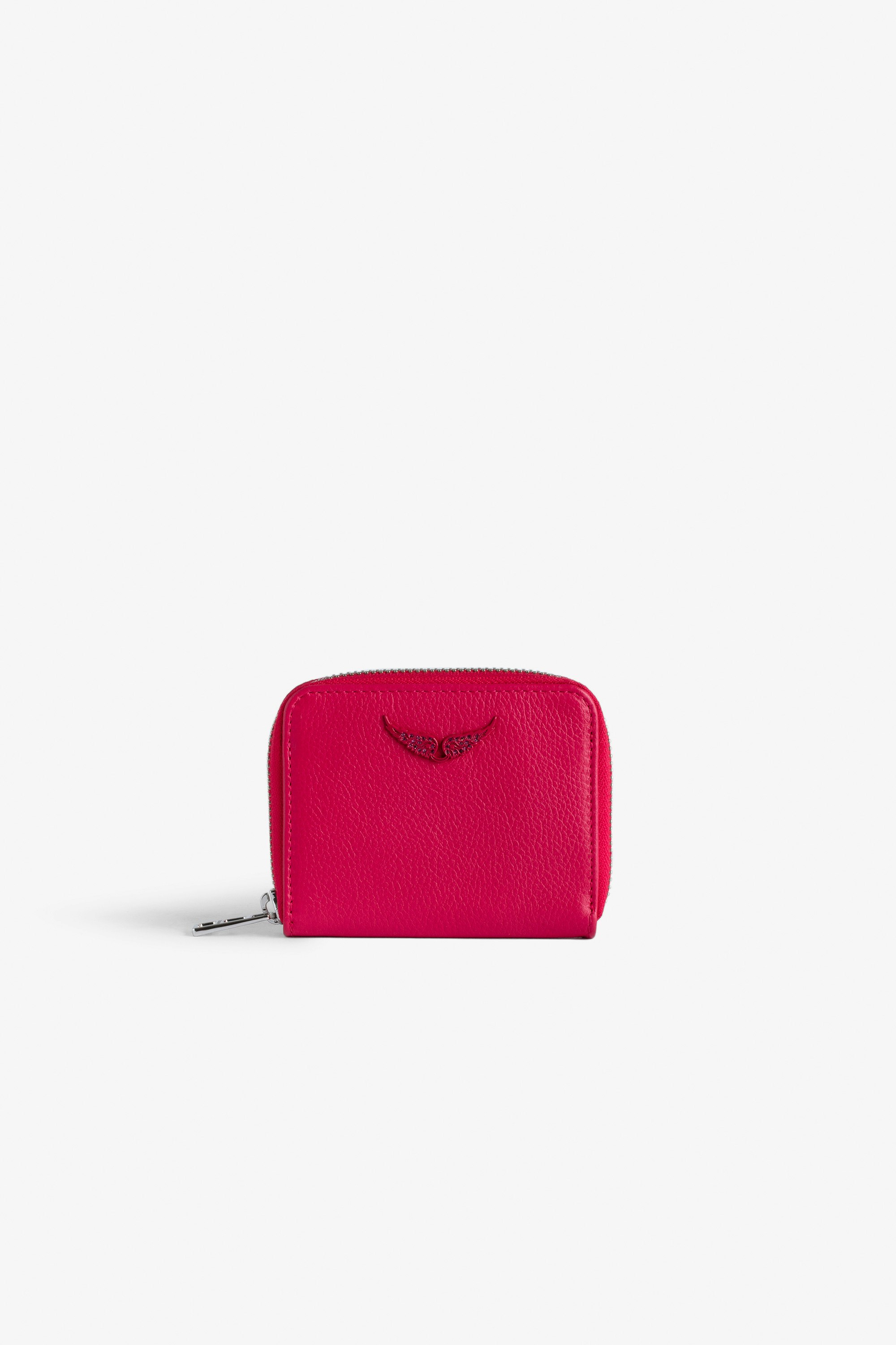 Monedero Mini ZV - Cartera rosa de piel granulada con colgante de alas con strass para mujer.