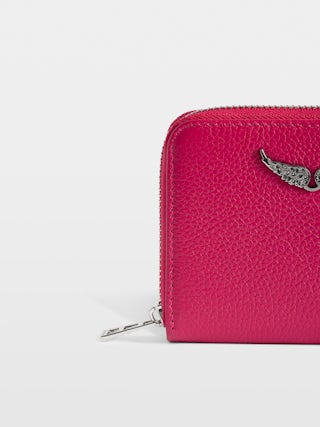 Coin Purse Mini ZV - Women’s pink grained leather wallet with diamanté wings charm.