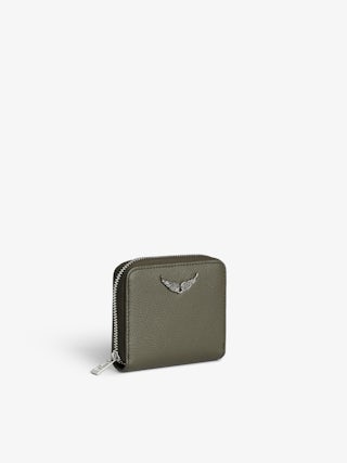 Mini ZV Wallet - Khaki grained leather wallet adorned with rhinestone wings.