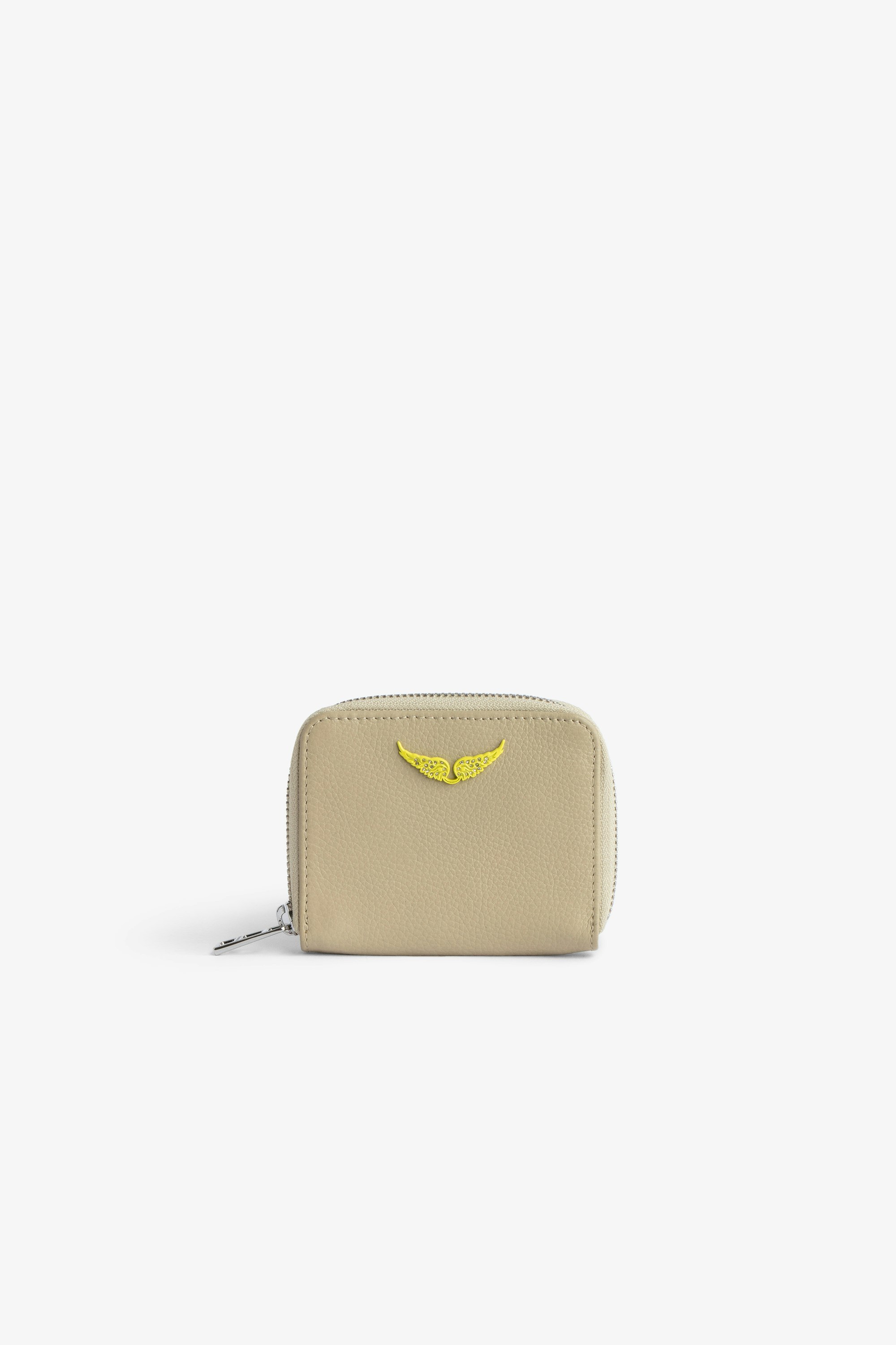 Portemonnaie Mini ZV Damen-Portemonnaie aus beigefarbenem Glattleder mit gelben, strassbesetzten Flügeln