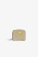 Portafoglio Mini ZV - Portamonete con zip in pelle liscia beige con ali di strass gialle donna.