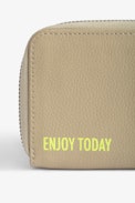 Portafoglio Mini ZV - Portamonete con zip in pelle liscia beige con ali di strass gialle donna.