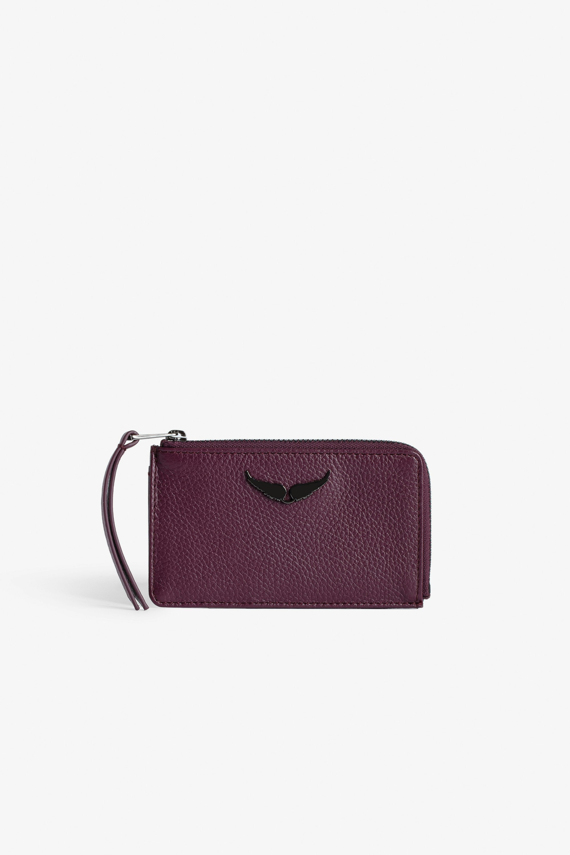 ZV Card 財布 - Women’s burgundy grained leather card holder with wings charm.