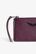 ZV Card Cardholder - Women’s burgundy grained leather card holder with wings charm.