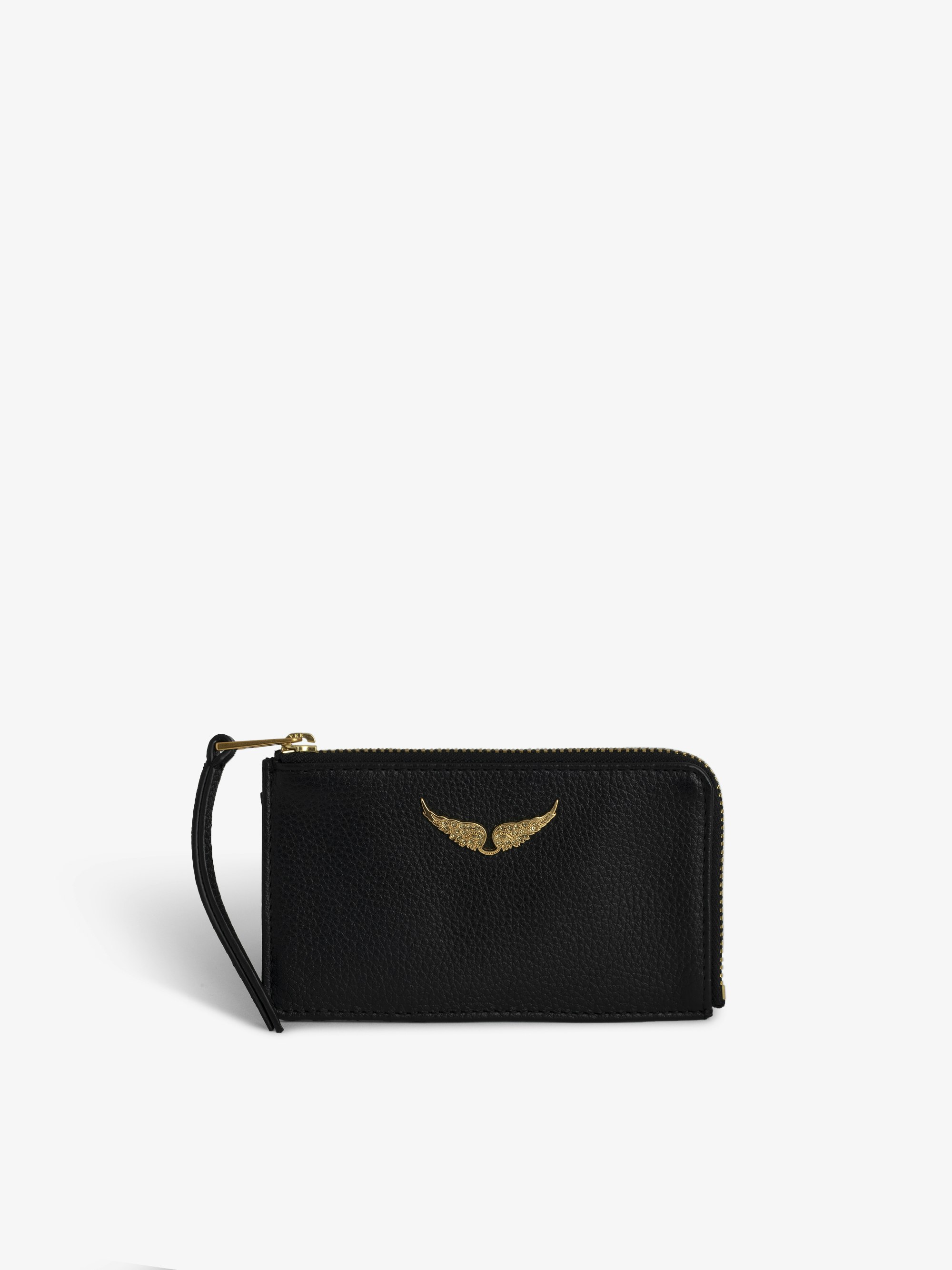 ZV Card Card Holder - Black grained leather card holder with wings charm.