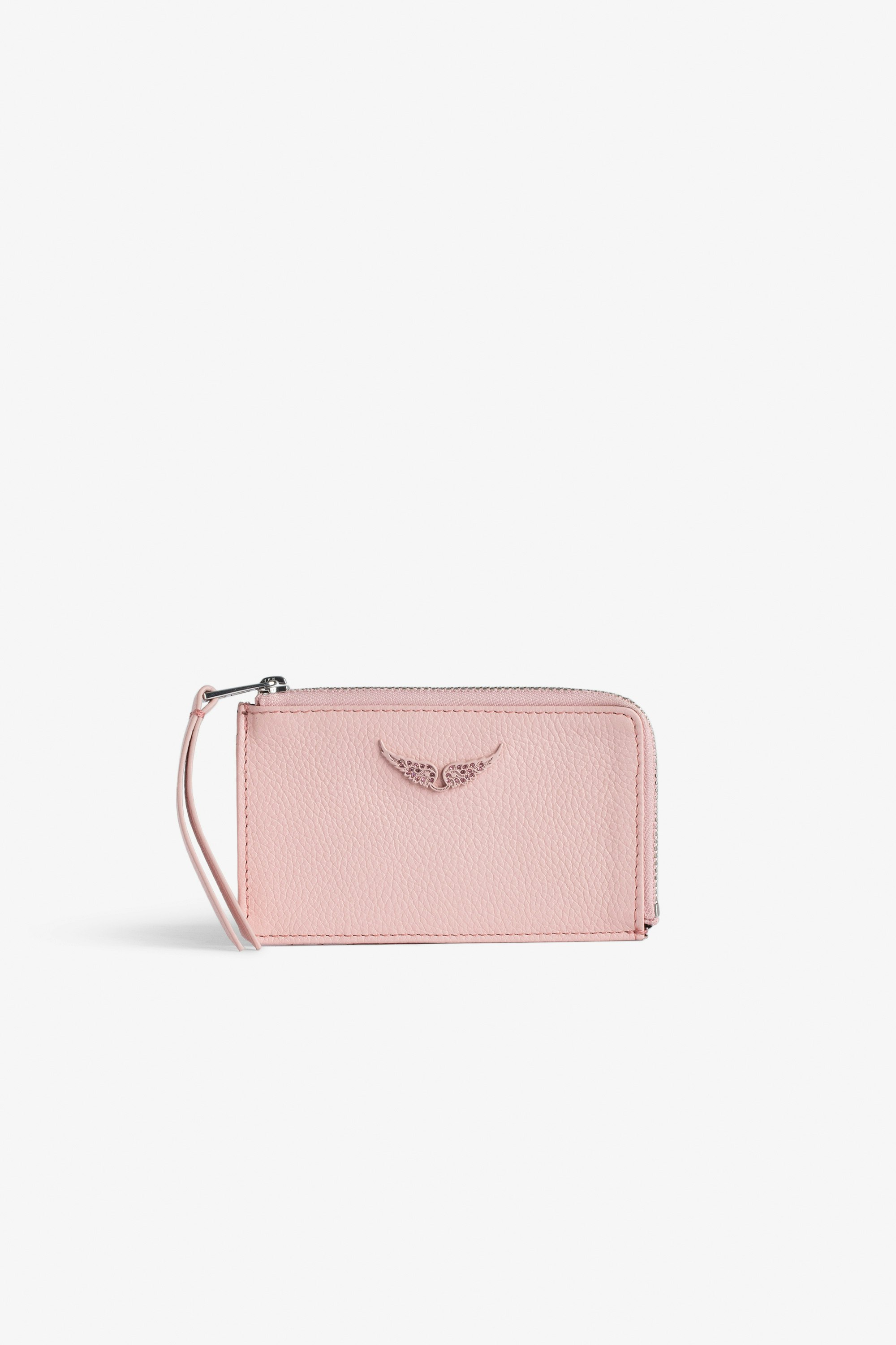 ZV Card 財布 - Women’s pink grained leather card holder with wings charm.