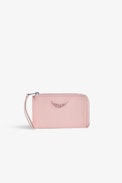 ZV Card Cardholder - Women’s pink grained leather card holder with wings charm.