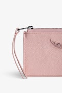 ZV Card Cardholder - Women’s pink grained leather card holder with wings charm.