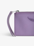 Porte-Cartes ZV Card - Porte-cartes en cuir grainé violet orné d'un charm ailes à strass.